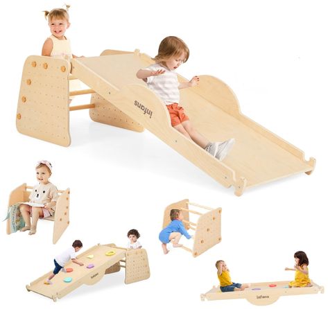 PRICES MAY VARY. Upgraded Climber Set with 7+ game modes: INFANS modifiable climbing toys include a cube ladder and a ramp climb. By adjusting the height of the round sticks and wooden planks, the triangle climber ladder can be arbitrarily changed into a climbing toy of different heights and shapes. This versatility adds value to your purchase, as it serves multiple purposes and grows with little one. 3 In 1 Reversible Ramp：Unlike other climbing slides, our unique double-sided slide not only off Toddler Jungle Gym, Climbing Toys For Toddlers, Daycare Decor, Toddler Climbing, Pikler Triangle, Indoor Gym, Learning Tower, Learning Toys For Toddlers, Toys For Toddlers