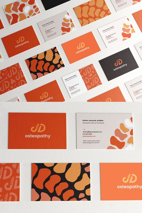 A striking and clever business card design by Avery Elias Design for JD Osteopathy, a health service that provides osteopathic manual therapy. #businesscards #branding #identity #graphicdesign #brandinspiration #branddesign #namecards #typography #wordmark #businesscard #businesscarddesign Colorful Business Card Design, Nonprofit Design, Business Card Typography, Business Card Gallery, Stationery Business Card, Manual Therapy, Clever Business Cards, Foil Business Cards, Business Cards Layout