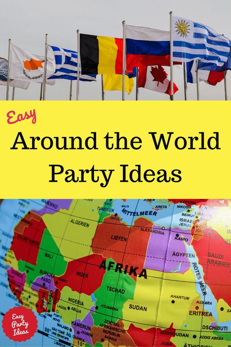 Let's go! Around the World Party adult party game ideas, party theme ideas and progressive dinner ideas.  | Easy Party Ideas and Games #aroundtheworldparty #partyideas #partygames #easypartyideas Around The World Theme Games, Geography Party Theme, Around The World Party Favors, Wine Around The World Party Ideas, Around The World Theme Party Games, Countries Theme Party, Culture Party Ideas, Christmas Around The World Party Theme, International Week Ideas