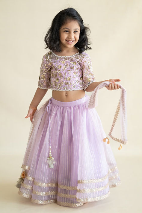 Purple zari work and embroidered blouse kids lehenga set Traditional Baby Dresses, Lavender Lehenga, Lehenga For Girls, Kids Party Wear Dresses, Purple Tulle, Kids Ethnic Wear, Kids Dress Collection, Wedding Dresses For Kids, Work Lehenga