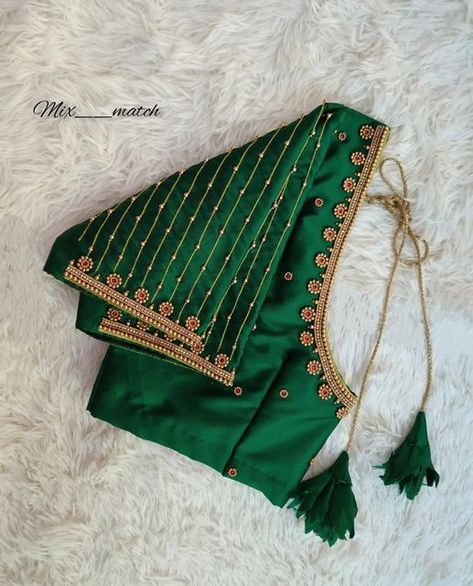 Green Color Aari Blouse Design, Dark Green Work Blouse Designs, Green Blouse Designs For Saree Silk, Green Blouse Work Designs, Bottle Green Blouse Designs, Green Color Blouse Designs, Dark Green Blouse Designs, Green Silk Blouse Designs, Simple Green Blouse Designs For Saree