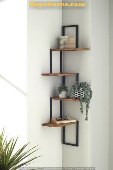 Metal Wood Shelves, Black Metal And Wood Decor, Black White And Wood Living Room Decor, Black And White Shelves, Wooden Shelves For Bedroom, Next Bronx Bedroom, Home Metal Decor, Living Room Wood And Black, Black And Wood Bedroom Decor