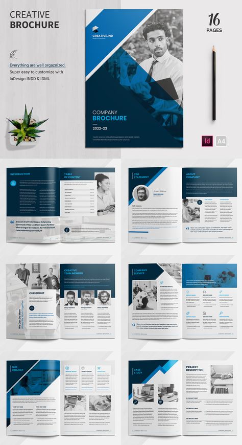 This is a clean and professional "Brochure Template" for your business or other projects. The Brochure looks good both on screen and in print. This is not just a brochure template, you can easily use it as an annual report/catalog/magazine/portfolio or any kind of agency-based project. This Brochure is 16 pages A4 template. Everything is well organized, and you can easily import your information using Adobe InDesign Advertorial Design, Magazine Portfolio, Booklet Layout, Cover Page Design, Brochure Design Layouts, Indesign Brochure, Indesign Brochure Templates, A4 Template, Catalogue Layout