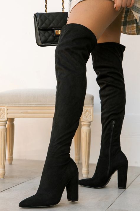 STOCK UNIT: 12B5 SIZE & FIT Shoe Height Approx: 25.75" Heel Height Approx: 4" Boot Entry Circumference: 17.5" True to Size All measurements are made on a size 6.5. There may be slight measurement variations based on size. PRODUCT DETAILS Pull On Style    Back Tie Closure Black Faux Suede Boot  Inward Zipper Closure Boot Cuffs, Classic Boots, Fashion High Heels, Lace Up Heels, Heel Boots, Thigh High Boots, High Heel Boots, Over The Knee Boots, Thigh Highs