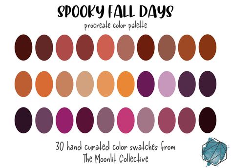 Spooky Fall Days Color Palette for PROCREATE (only works in the app Procreate) Procreate Color Palettes are perfect to save you time in your designing. Hand curated to make your project go smoother and not having to worry about your color palette. Your purchase includes: 1 .swatch file 1 Thank You and Instructions -Downloads will be available immediately after purchase. -Digital items cannot be downloaded via the Etsy app. Head to your favorite browser on your ipad such as Safari, Chrome, Firefox, etc. Sign into your Etsy account and then go to your purchases to find your downloads. Reminders: Because these are digital files, I do not allow refunds, exchanges, cancellations, etc. Please feel free to message me with any questions you may have. This file may not be shared, altered, or resold October Palette Color, Fall Procreate Palette, Spooky Color Palette, October Color Palette, Halloween Palette, Color Palette For Procreate, Procreate Color Palettes, Halloween Color Palette, Color Palette Procreate