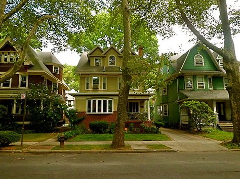 Houses and a tree in Ditmas Park. Wondering if Ditmas Park is right for you? Find out at http://relocality.com, the neighborhood matching engine. Vintage Neighborhood Aesthetic, Neighborhood With Trees, 1950s Neighborhood Aesthetic, New York Suburbs Houses, Cute Neighborhood Houses, 1950s Neighborhood, New York Houses, American Neighborhood, Neighborhood Houses