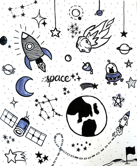 Space Theme Doodles, Space Theme Journal, Cute Space Doodles, Space Embroidery, Space Doodles, Space Drawing, Book Art Projects, Space Drawings, Galaxy Fashion