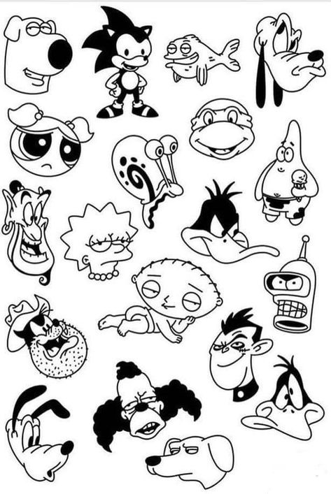 Small Cartoon Characters, Blitz Tattoo, Tato Flash, Small Cartoon, Tato Minimal, Cartoon Character Tattoos, Flash Tattoo Designs, Tattoo Flash Sheet, Doodle Tattoo