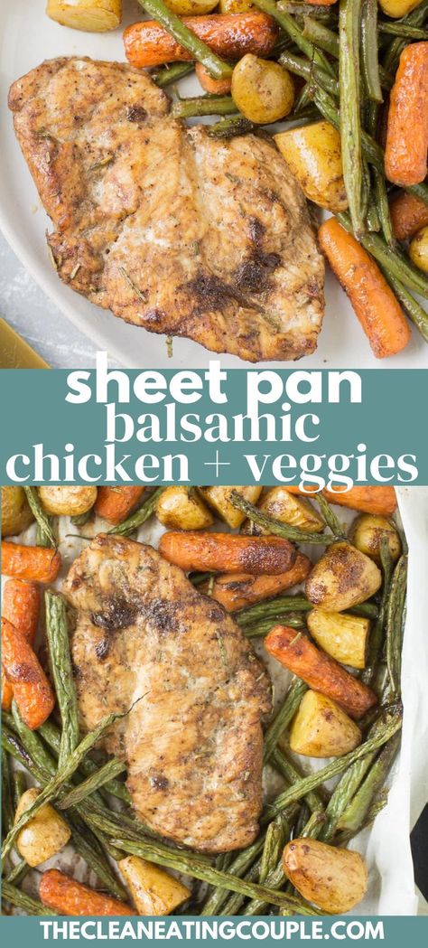 This Paleo Sheet Pan Balsamic Chicken and Veggies recipe is a delicious weeknight dinner! Done in under 30 minutes, healthy, gluten free & so easy to make! You can use chicken breasts, thighs or tenders - any will work! Sheet Pan Balsamic Chicken, Balsamic Chicken And Veggies, Whole30 Sheet Pan, Pan Dinner Recipes, Paleo Dinners, Easy Whole 30 Recipes, Chicken And Veggies, Sheet Pan Dinners Recipes, Healthy Paleo Recipes