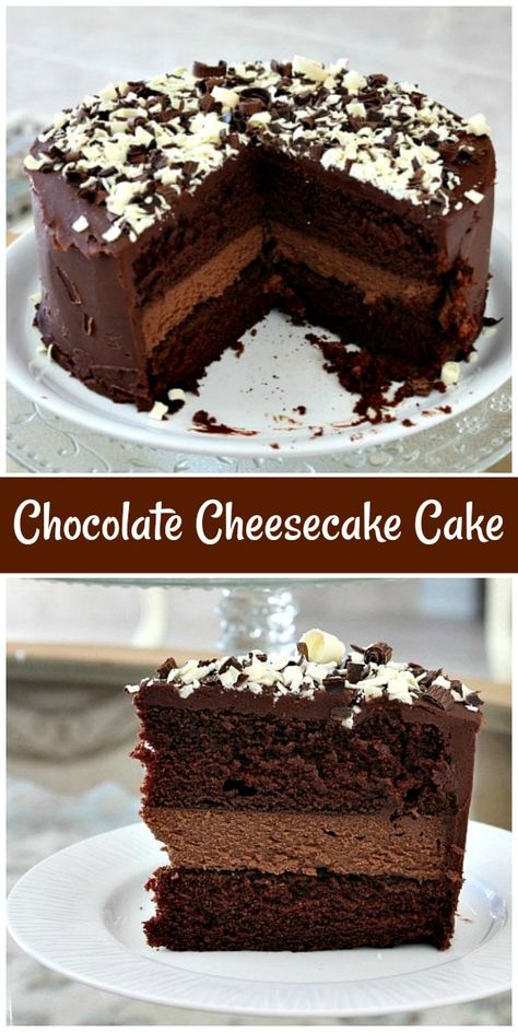 Chocolate Cheesecake Cake recipe from RecipeGirl.com #chocolate #cheesecake #cake #recipe #RecipeGirl Chocolate Cheesecake Cake, Cheesecake Cake Recipes, Decadent Chocolate Cake, Cheesecake Cake, Dump Cake, Chocolate Shavings, Cake Chocolate, Chocolate Cheesecake, Savoury Cake