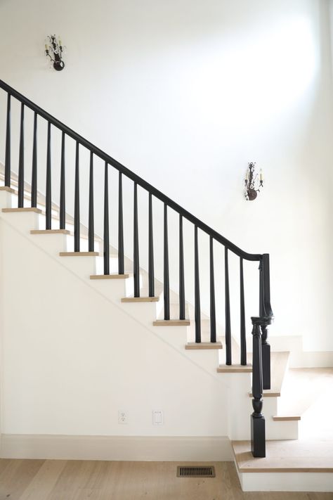 How we decided on New Wall Sconces in the Stairwells (at last!) + Look-a-likes at every Price Point! - Chris Loves Julia Stair Refresh, Black Stair Railing, درابزين السلم, Stair Spindles, Wood Balusters, Stair Balusters, Stair Railings, Staircase Wall, Iron Balusters