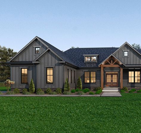 Dark Modern Farmhouse Exterior, Modern Farmhouse Ranch Exterior, Modern Farmhouse Exterior Ranch, Modern Farmhouse Floorplan, Modern Farmhouse Ranch, Modern Ranch House, Floor Plans Ranch, Dark Modern, Contemporary House Exterior