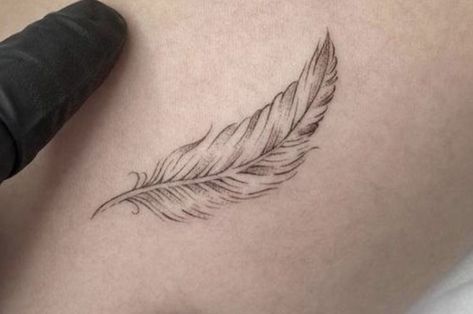 Crown And Feather Tattoo, Fine Feather Tattoo, Fineline Feather Tattoo, Writers Tattoos, Feather Underboob Tattoo, Tiny Feather Tattoo, Angel Feather Tattoo, Flower Feather Tattoo, Veer Tattoo