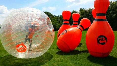 Human Zorb Bowling Zorbing Aesthetic, Yard Bowling, Human Bowling, Football Event, Picnic Games, Football Parties, Diy Coconut, Coconut Bowls, Bowling Party