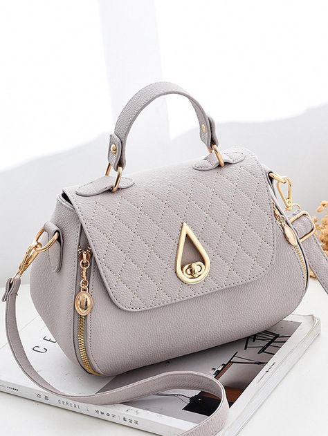 Grey Casual,Fashionable Collar  PU Leather Geometric Square Bag Embellished   Women Bags Bag Women Fashion, Elegant Bags, Ladies Clutch, Leather Clutch Bags, Branded Handbags, Womens Designer Fashion, Types Of Bag, Girls Bags, Square Bag