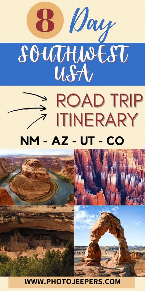 This 8 day American Southwest road trip guide. Visit these Southwest USA states: New Mexico, Arizona, Utah and Colorado. Things to do in the southwest, what to see on a southwest US road trip, where to stay in the southwest, and more! #roadtrip #southwest #photojeepers Utah Colorado Arizona New Mexico, Camping In The Southwest, Colorado Utah Arizona Road Trip, Southwest Usa Roadtrip, Arizona And New Mexico Road Trip, Arizona New Mexico Road Trip, Utah And Arizona Road Trip, Southwest National Parks Road Trip, Southwest Road Trip Itinerary