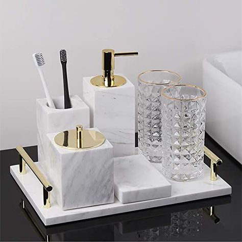 Marble Bathroom Accessory Set of 7 Piece | Soap Dispenser,Toothbrush Holder, Tumbler,Soap Dish ，Cotton Swab Box & Tray | High Class Home Decor Gift Bathroom Tray Decor, Marble Bathroom Accessories, Bathroom Counter Decor, Bathroom Accessories Luxury, Gold Bathroom Accessories, Restroom Decor, Counter Decor, Bathroom Tray, Bathroom Accessories Sets