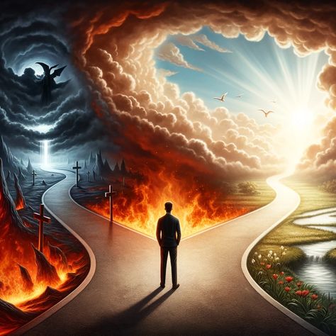 A person standing at a crossroads, looking towards the left where there is a dramatic, fiery landscape representing hell, with dark skies and ominous flames. To the right, a serene and beautiful depiction of heaven, with bright light, peaceful clouds, and a sense of tranquility. The person appears contemplative, symbolizing the choice between good and evil. The scene is detailed and visually striking, capturing the stark contrast between the two paths. Christian Background Images, Jesus Love Images, Heaven Images, Path To Heaven, Jesus Background, Jesus Artwork, Christian Backgrounds, Jesus Christ Artwork, Heaven Art