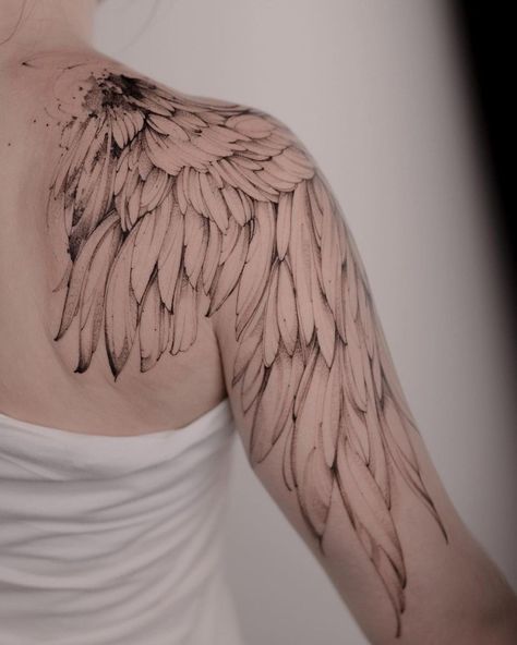 wing tattoo Angel Wings Tattoo Shoulder, Wing Tattoo On Shoulder, Forearm Wing Tattoo, Wing Tattoo Arm, Phoenix Tattoo Sleeve, Eagle Wing Tattoos, Wing Tattoos On Back, Hawk Tattoo, Wing Tattoo Designs