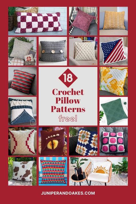 18 Cozy and Comforting Crochet Pillows - Free Patterns - Juniper and Oakes Crochet Pillows Free Patterns, Crochet Cushion Pattern Free, Free Crochet Pillow Patterns, Pillow Cover Crochet Pattern, Crochet Pillow Patterns Free, Crochet Cushion Pattern, Throw Pillow Pattern, Pillow Covers Pattern, Pillow Patterns