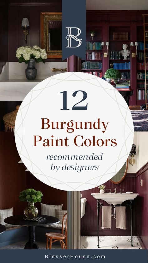 The top burgundy paint colors most recommended by interior designers for a moody, sophisticated space in bathrooms, kitchens, and bedrooms. Behr Divine Wine, Smoked Mulberry Paint, Dark Burgundy Wall Paint, Sw 6300 Burgundy, Burgundy Fireplace Wall, Burgundy Cabinets Bathroom, Best Maroon Paint Color, Borscht Sherwin Williams, Gooseberry Paint Color