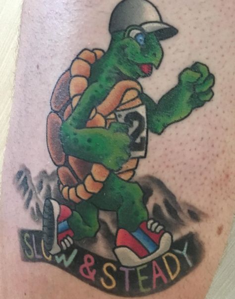 Slow and steady tortoise I got 3 days after running a 100km ultramarathon. By Deuce at Chapel Tattoo in Melbourne Australia. Slow And Steady Tattoo, Chapel Tattoo, Runner Tattoo, Running Tattoo, Sea Turtle Tattoo, Slow And Steady, Turtle Tattoo, After Running, Ink Ideas