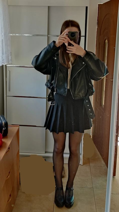 Black Leather Skirt Outfit Autumn, Leather Jacket Outfits Women Skirt, Black Pleated Skirt Autumn Outfit, Black Short Leather Jacket Outfit, Black Leather Jacket And Skirt Outfit, Pleated Skirt Jacket Outfit, Black Vest With Skirt, Zara Pleated Skirt Outfit, Slip Dress And Leather Jacket