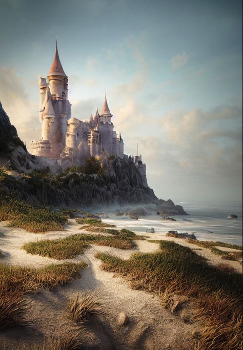 Castle By The Sea Fantasy Art, Air Castle Fantasy Art, Coastal Castle Fantasy Art, Cliffside Castle Fantasy Art, Fantasy World Aesthetic Castle, Castle Near Ocean, Fantasy Island Castle, Fantasy Castle By The Sea, Island Castle Fantasy Art