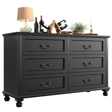 PRICES MAY VARY. 【CHIC DESIGN】: With elegant frame-paneling design, sleek white finish, brass nickel handle and stylized solid wood legs, TVU vintage 6 Double Drawers Dresser easily adapts to your home style, making your room more fashionable and brighter 【AMPLE STORAGE SPACE】: Dimension: 47.7''W×15.8''D×31.5''H. 6 double drawers dresser provides enough space for organizing your clothes, books, toys, decorations and other essentials. The spacious top is suitable for your TV, lamps, glasses, phot 50s Dresser, Black Dresser Bedroom, Frame Paneling, Wood 6 Drawer Dresser, Dressers Bedroom, Vintage Dresser Makeover, Paneling Design, Chest Of Drawers Makeover, Space Dimension