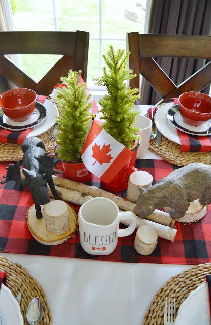 Dining Delight: Woodland Themed Canada Day Tablescape Daycare Layout, Living In The Mountains, Canadian Decor, Canada Decor, Canadian Party, Canada Party, Canada Day Party, Tablescapes Summer, Summer Table Settings