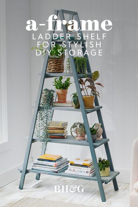 With its A-frame shape, this DIY ladder shelf provides a modern alternative to a traditional bookcase. Learn how to make this DIY A-frame ladder shelf using our step-by-step instructions below. #diybookshelf #aframeshelf #diyladdershelf #bhg Diy Foldable Ladder Shelf, Step Ladder Shelf, A Shape Ladder Shelf, A Frame Wooden Shelf, Diy Shelf Ladder, Diy Latter Shelf, Ladder Shelves Diy, Ladder Style Bookshelf, Diy Wooden Ladder How To Build