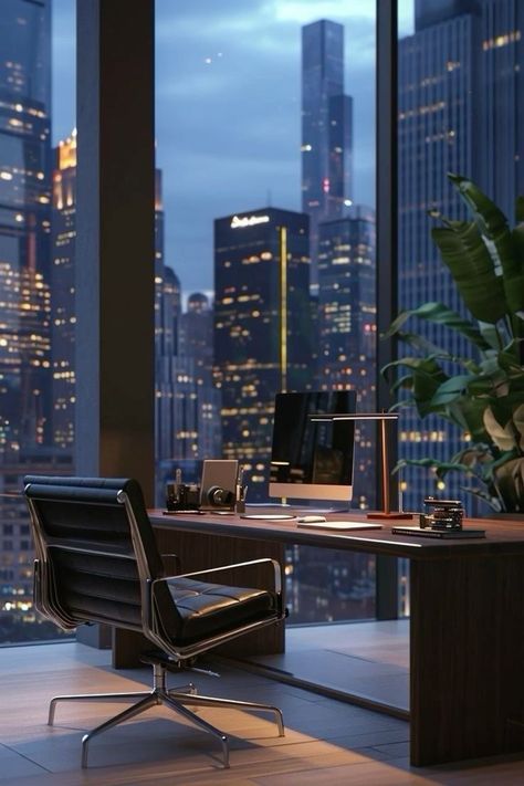 Office With A View, Home Office Designs, Office View, Ceo Office, New York Penthouse, Designers Home, Serene Environment, Aesthetic Motivation, New York Office