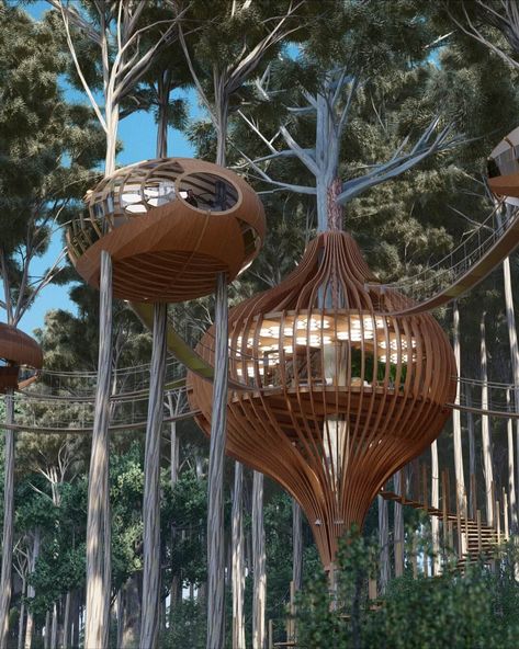 The nests cabins: Treehouse hotels desig|Visualization Treehouse Hotel, Cool Tree Houses, Eco Architecture, Tree House Designs, Eco Lodge, Resort Design, Architecture Design Concept, Organic Architecture, Design Hotel