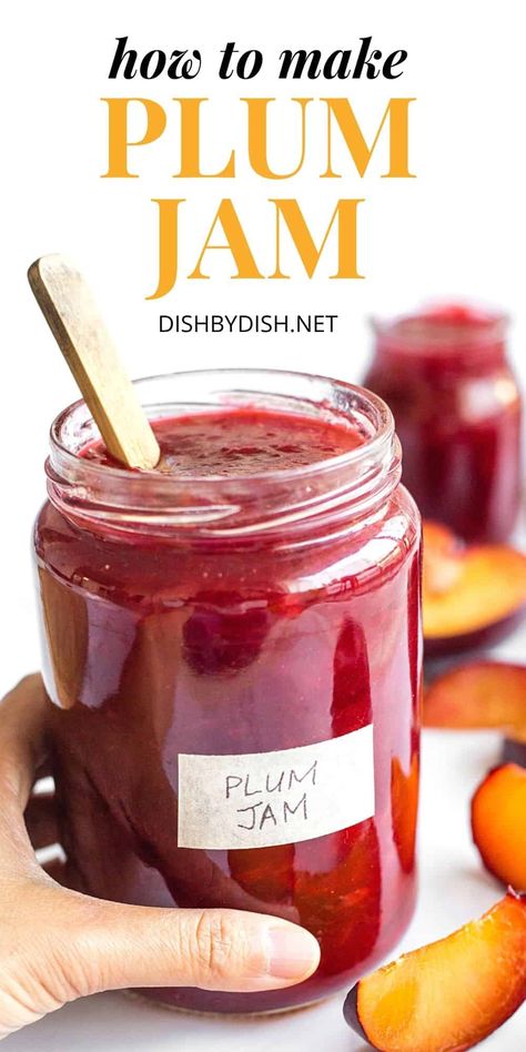 An easy plum jam recipe that only requires 4 simple ingredients, is ready in an hour, and is bursting with the flavor of sweet ripe plums. Perfect for spreading on toast, spooning over homemade yogurt, filling your pie crust, or even eating it by the spoonful! Totally gluten-free, dairy-free, vegan and pectin-free, but it's so good no one would notice! | homemade plum jam | how to make plum jam | homemade jam recipe | stone fruit season | summer jam recipes | summer canning | easy jam recipe Plum Jam With Pectin, Canning Easy, Prune Jam, Plum Jam Recipe, Summer Canning, Easy Jam Recipe, Jam Homemade, Plum Jam Recipes, Easy Jam