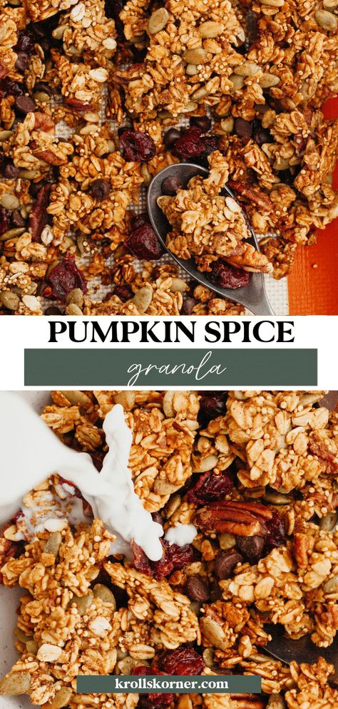 Pumpkin Spice Granola • Kroll's Korner Cereal Mixes, Krolls Korner, High Protein Granola, Breakfast Egg Dishes, Holiday Deserts, Pumpkin Spice Granola, Pumpkin Granola, Cereal Mix, Protein Granola