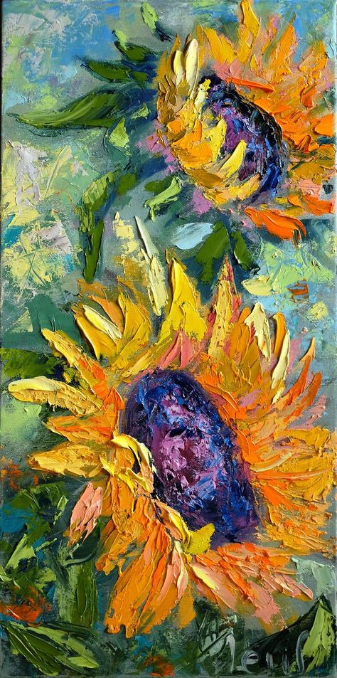 Vertical sunflowers painting, original textured oil painting on canvas by Olena Leus. Vertical painting is a great decor, it doesn't need so many time as square or horizontal painting and it is easier to implement it in your interior. #sunflowerspainting #ukrianianart Sunflowers Painting, Contemporary Art Canvas, Arte Van Gogh, Texture Painting On Canvas, Canvas For Beginners, Canvas Painting Ideas, Sunflower Art, 수채화 그림, Impasto Painting