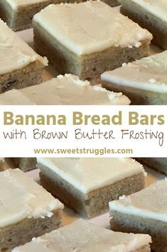 If you are a fan of banana desserts, you MUST make these banana bread bars with brown butter frosting. Not only do they taste amazing, but the easy recipe makes a big batch so there are plenty for yourself and enough to share! #dessertbars #bananabreadbarswithbrownbutterfrosting #homemadedessert #easybananabreadrecipe Brown Butter Frosted Banana Bread, Banana Sheet Cake Browned Butter, Banana Brownies With Brown Butter Icing, Browned Butter Banana Bars, Banana Blondies With Brown Butter Icing, Sheet Pan Banana Bars, Brown Butter Banana Bars, Banana Bars With Brown Butter Frosting, Banana Blondies Recipe