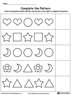 Complete The Pattern: Your child will learn to recognize and complete patterns by identifying next picture, color, size and shape in this printable worksheet. Complete The Pattern Worksheet Grade 1, Pattern Maths Worksheet, Picture Patterns Worksheets, What Comes Next Worksheets Preschool, Patterns For Kindergarten Free Printable, What Comes Next Pattern Worksheet, Pattern Worksheet For Grade 1, What Comes Next Worksheets, Preschool Pattern Worksheets