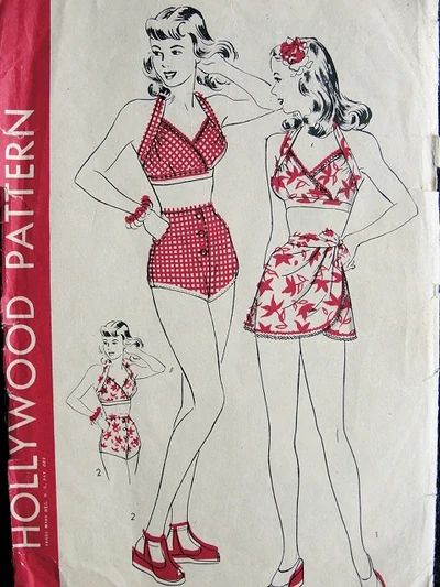 Vintage Bathing Suit Patterns, 1940s Pinup, 1940s Hollywood, Wrap Skirt Pattern, Short Wrap Skirt, Patron Vintage, Mode Retro, Fashion 1940s, Vintage Bathing Suits