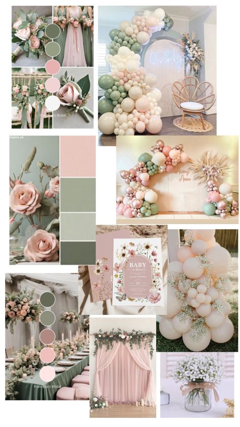 Neutral Floral Baby Shower Ideas, March Theme Baby Shower Ideas, Sage Green And Pink Baby Shower, Sage Green And Pink Color Palette, Pink And Sage Baby Shower Ideas, Green And Pink Baby Shower Ideas, Pink And Green Baby Shower Ideas, Bridal Shower Color Schemes, Baby Shower Color Palette