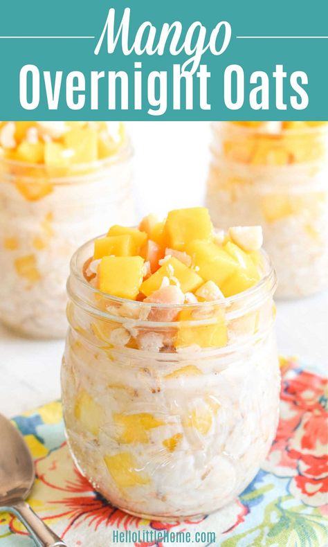 Wake up to the tastiest Overnight Oats with Mango tomorrow morning! Learn how to make the BEST Mango Overnights Oats in a jar (or bowl) using simple ingredients: rolled oats, milk (regular or non dairy), fresh mango, coconut, macadamia nuts, and maple syrup. This scrumptious Mango Oats recipe is easy to make, creamy, healthy, and has a tasty tropical taste you’ll love. Makes an excellent Make Ahead Breakfast (great for Meal Prep). Vegetarian + Vegan Friendly Oatmeal Recipe! | Hello Little Home Veggie Recipes Breakfast, Mango Overnight Oats, Meal Prep Vegetarian, Mango Oatmeal, Oats In A Jar, Oats Milk, Overnight Oats In A Jar, Oat Breakfast, Healthy Veggie