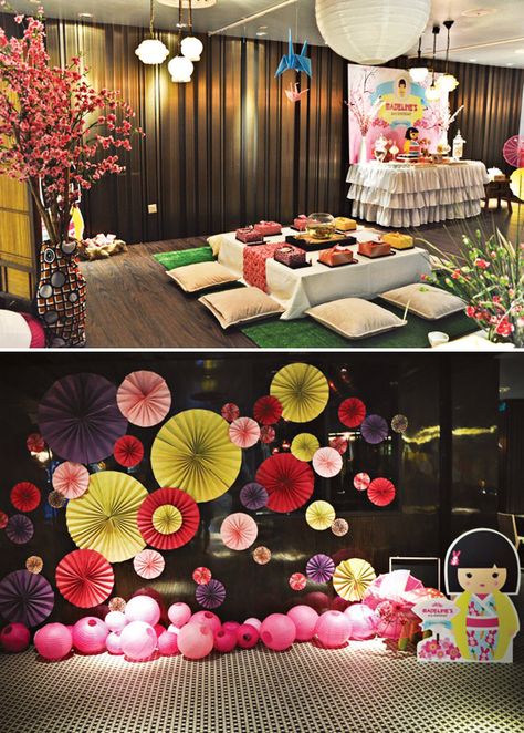 Cheerful Japanese Kimmidoll Themed Party // Hostess with the Mostess® Asian Party Decorations, Japanese Theme Parties, Asian Party Themes, Japan Party, Cherry Blossom Party, Chinese Party, Japanese Party, Asian Party, Japanese Dinner