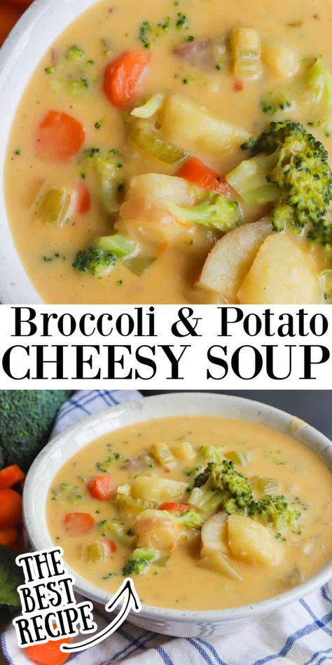 Creamy and cheesy! This Broccoli Potato Cheese Soup is loaded with veggies and comes out great each time. Broccoli Cheese Potato Soup, Broccoli Cheese Potato, Broccoli And Carrot Soup, Cheese Potato Soup, Broccoli Potato Cheese Soup, Potato Cheese Soup, Loaded Broccoli, Broccoli Potato Soup, Broccoli Potato