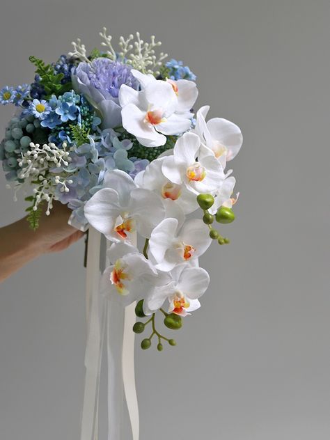 Orchid And Hydrangea Bouquet, Small Cascade Bouquet, Orchid Hand Bouquet, White And Blue Flower Bouquet, Blue Orchid Wedding Bouquet, Bouquet White And Blue, Bridal Flowers Bouquet, Blue Orchid Bouquet, Orchid Centerpieces Wedding