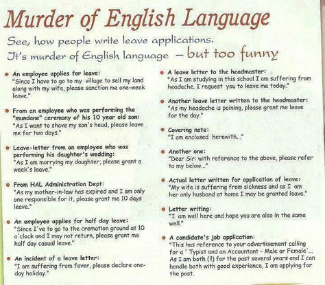 Funny leave applications. Quotes About English Language, English Language Funny, Rip English, Logic And Critical Thinking, One Liner Jokes, Learning Disorder, English Exam, Better English, English Memes