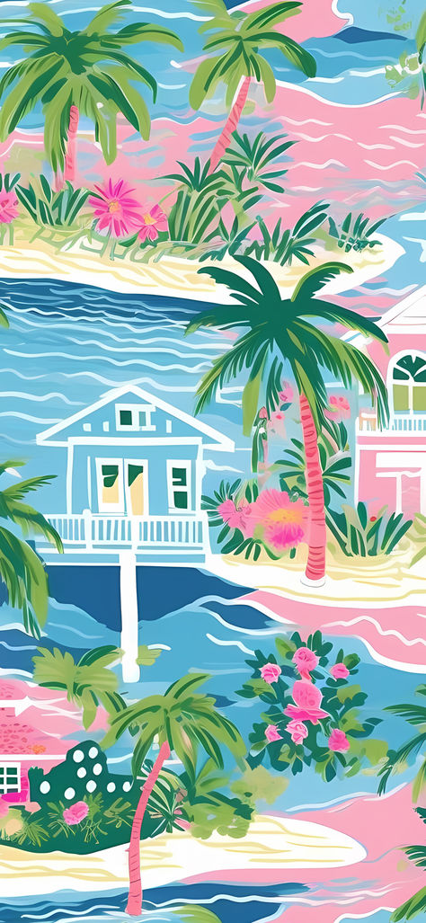 An image featuring vibrant preppy mobile wallpapers with tropical themes, including key west illustrations and bright colors. Perfect for daydreaming and escaping to paradise. Key West Wallpaper, Bright Summer Wallpaper, Tropical Summer Wallpaper, Photo Wall Prints, Buoys Art, Preppy Tropical, Tropical Prints Pattern, Tropical Beach Houses, Tapeta Z Hello Kitty