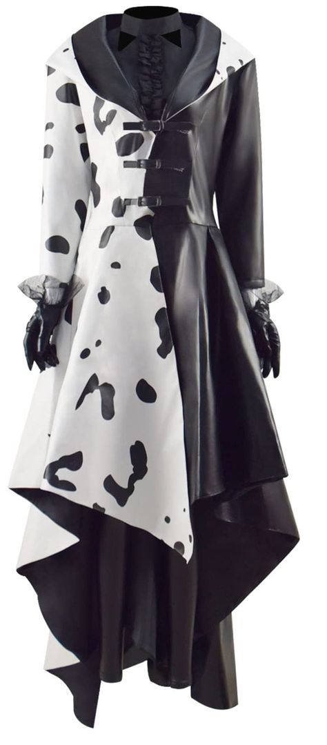 White Witch Dress, Cruella Coat, Cruella Deville Costume Women, Black Coat Pant, Cruella Deville Costume, Plus Size Red Dress, Cruella Costume, Dalmatian Puppies, Outfits With Gloves