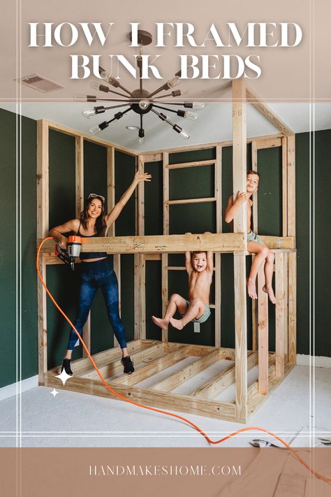 Framing the Bunk room Quad Bedroom Ideas, Diy Bunk Room Plans, Custom Platform Bed, Teenager Bunk Bed Ideas, Bunk Bed Accent Wall, Camp Bunk Room, Easy Built In Bunk Beds, Bunk Bed Playroom, Game Room With Bunk Beds