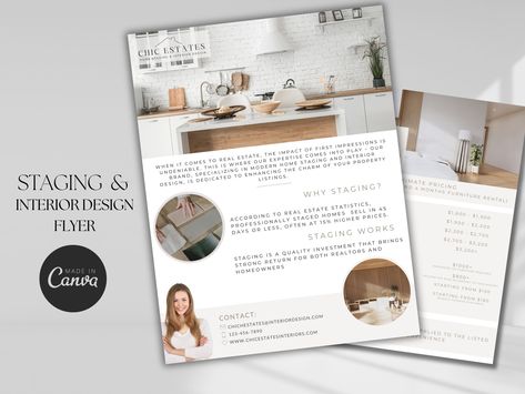 Showcase your services with our "Homestaging & Interior Design Flyer." This professional template is fully customizable, featuring key elements like clean layouts and trending design options that reflect your brand's style. Perfect for home staging, real estate, and interior design professionals, this flyer is designed to help you market your services effectively. Make a great first impression with a sleek and modern flyer that’s easy to edit and tailored to your business needs. Interior Design Flyer, Staging Company, Realtor Flyers, Marketing Postcard, Custom Flyers, Small Business Plan, Virtual Staging, Real Estate Templates, Interior Design Business