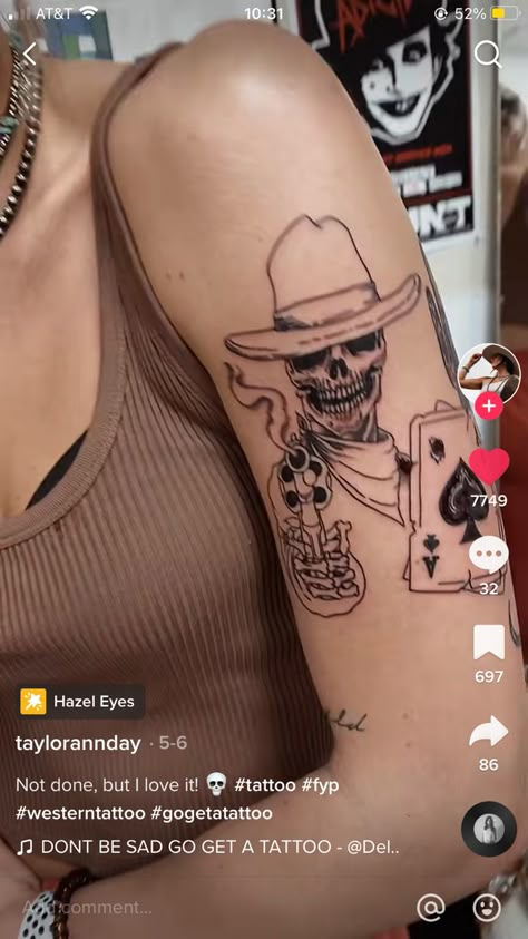 Western Doodle Tattoo, Punchy Western Tattoo Sleeve, Western Skeleton Tattoos For Women, Half Sleeve Western Tattoos For Women, Western Grunge Tattoo Sleeve, Large Western Tattoos, Arm Tattoos For Women Western, Hand Tattoos For Women Western, Barbwire Tattoo Womens